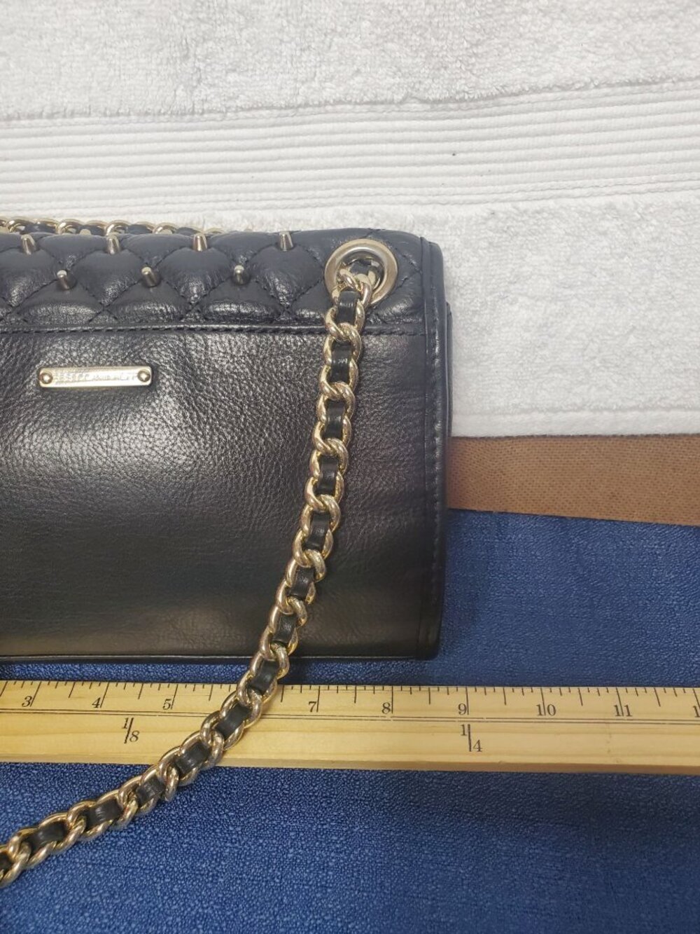 Rebecca Minkoff Quilted Black Leather Crossbody Bag With Gold Chain Strap & Blue - Picture 11 of 16